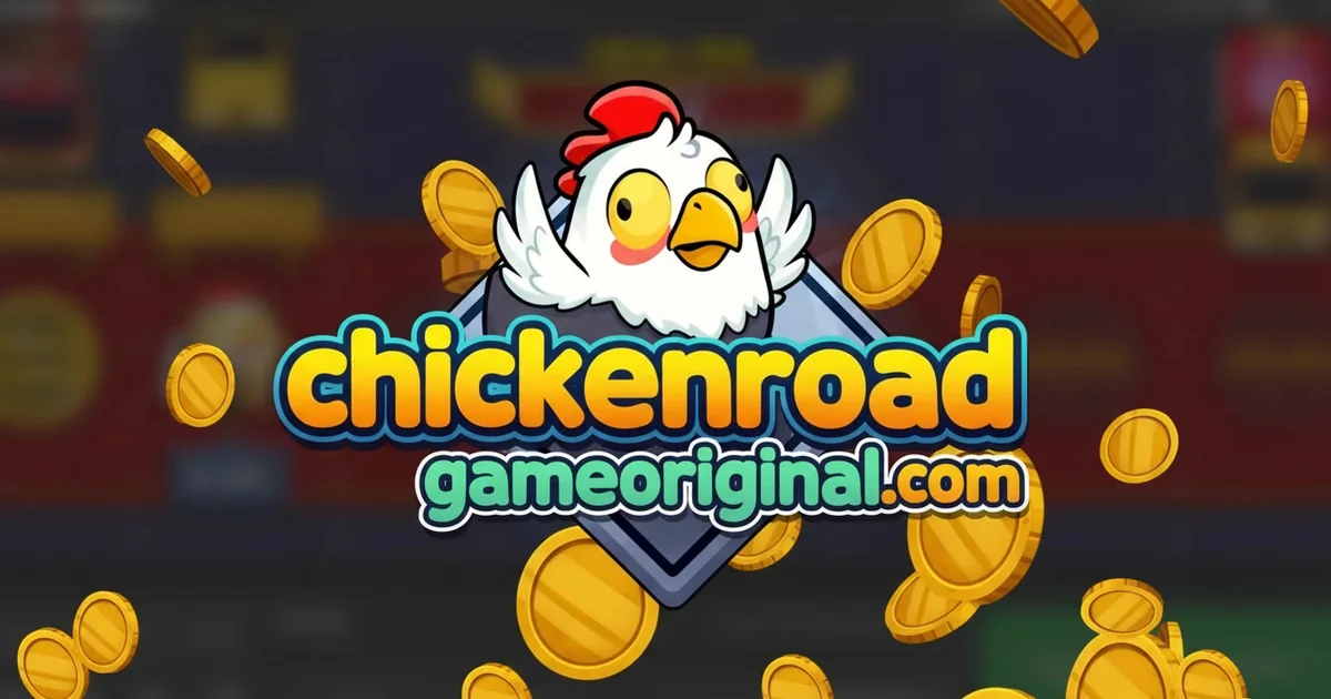 ChickenRoadGameOriginal wordmark: a cartoon hen over the site name, with gold coins falling around it