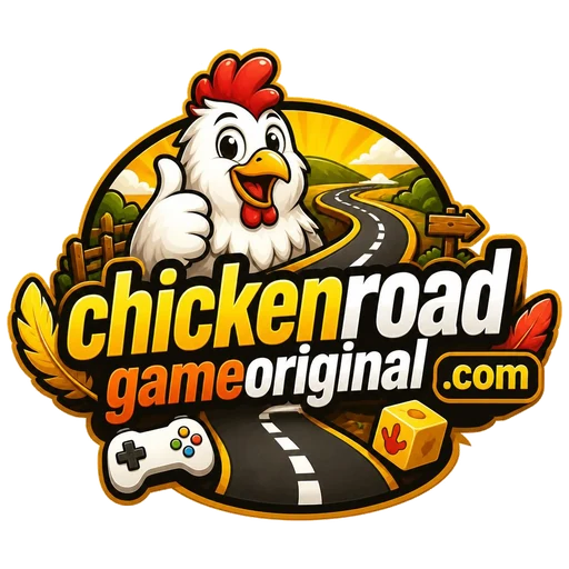 ChickenRoadGameOriginal badge: a hen giving a thumbs up beside a road, above the site name