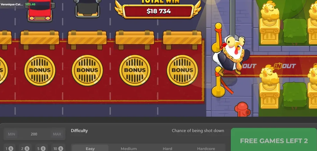 Late in the Chicken Road 2 bonus round: four BONUS coins in a row, total win 18,734, two free games left