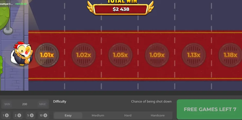 The Chicken Road 2 free-spin round starting on Easy: lanes priced 1.01x, 1.02x, 1.05x, 1.09x, seven spins left, total win 2,438
