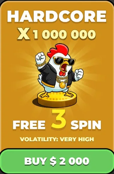 The Hardcore card in Chicken Road 2: a ceiling of x1,000,000, three free spins, volatility marked very high