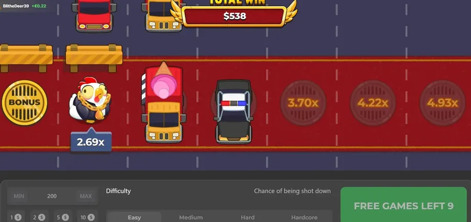 Chicken Road 2 during the free-spin round: two cars and a truck in the lanes ahead, a 2.69x badge under the chicken, total win 538