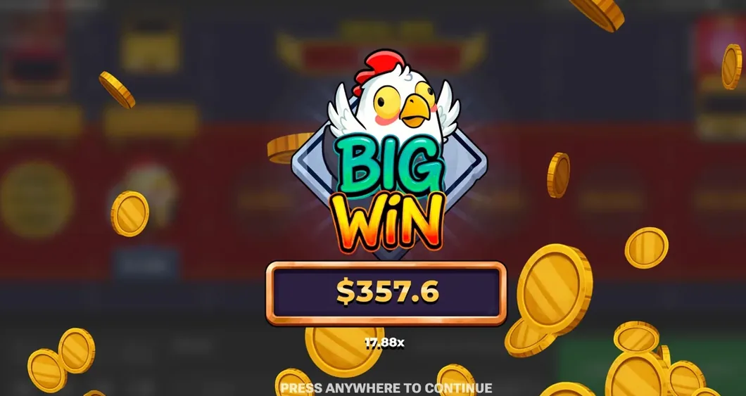 A finished Chicken Road 2 round: the Big Win screen reading 357.6 at 17.88x