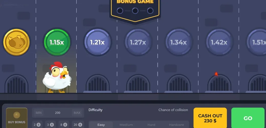 The original Chicken Road on Easy: the lane ladder reading 1.15x to 1.51x, with CASH OUT showing 230