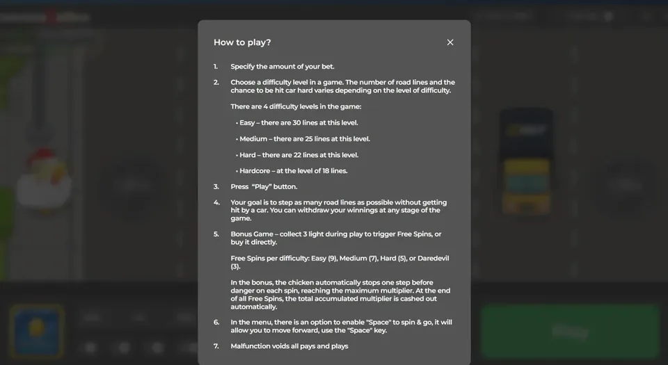 The How to play panel: four difficulty levels listed with 30, 25, 22 and 18 road lines, and free spins per difficulty of 9, 7, 5 and 3