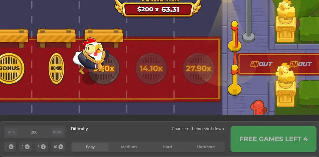 The InOut wordmark on a billboard inside the Chicken Road 2 bonus round, beside lanes priced 14.10x and 27.90x