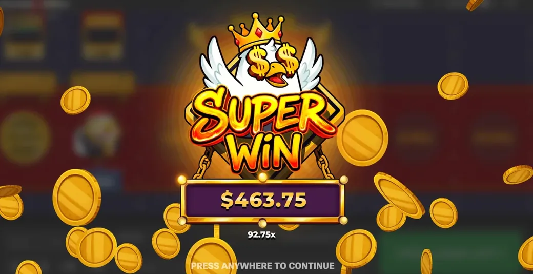The Super Win screen in Chicken Road 2 reading 463.75 at 92.75x on Medium